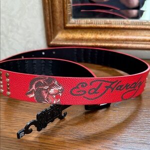 Ed Hardy Red Panther Graphic and studded Belt. Size 38.